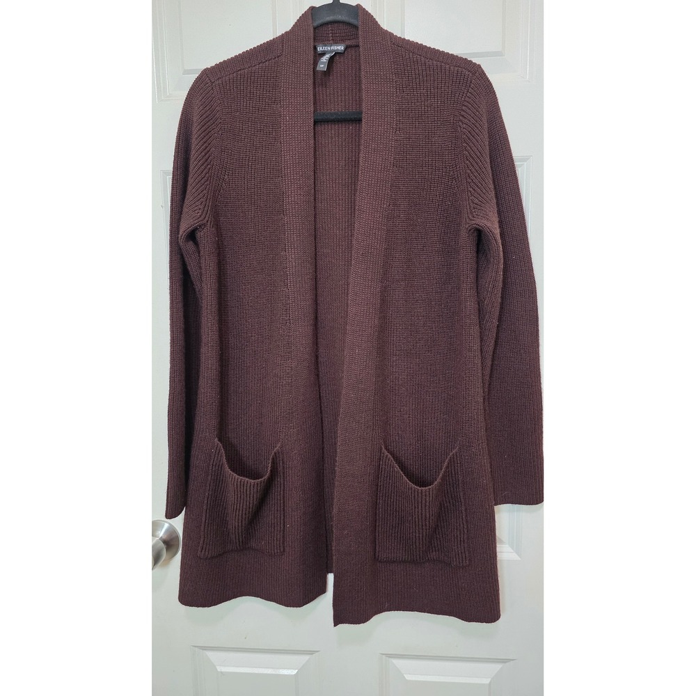 Eileen Fisher Cardigan Womens S Brown Merino Wool Open Front Rib Knit Sweater